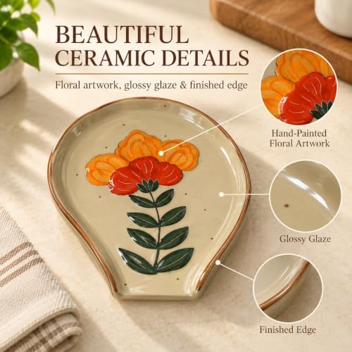 Vintage Ceramic Spoon Rest for Stove Top, Hand-Painted Floral spatula