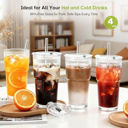 4pcs Ribbed Glass Tumbler with Straw and Lid - 20oz Reusable Iced