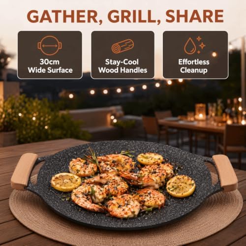 Round Korean Grill Pan, 30cm Nonstick Stone-Like Coated Iron BBQ Griddle with Wooden Handles for Home Camping Cooking