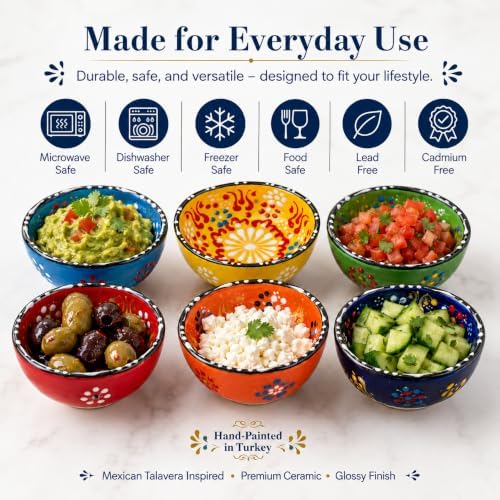 BCS Hand-Painted Ceramic Dipping Bowls Set of 6, 3 oz Mini Salsa Bowls