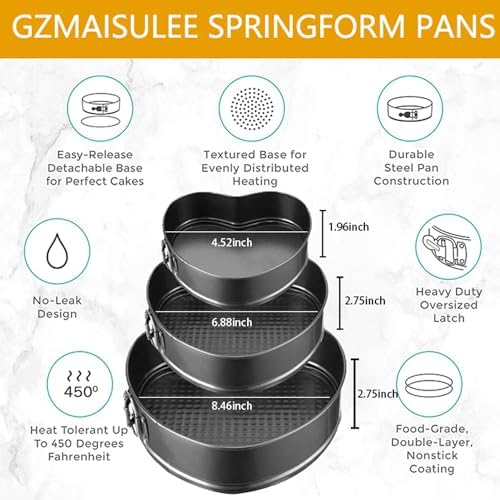 Springform Cake Pan Set of 3 (4, 7, 9 Inch) Heart Leakproof Nonstick