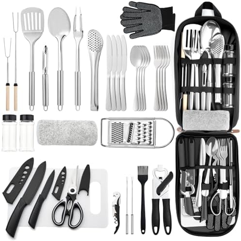 THTYBROS 34-Piece Stainless Steel Camping Utensil Set
