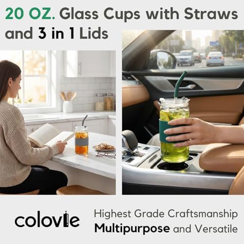 ColoVie Glass Cups with Lids and Straws, Iced Coffee Cup, Drinking