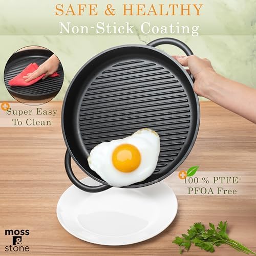 Moss & Stone 12" Grill Pan for Indoor Cooking, Nonstick Pan with Glass Lid