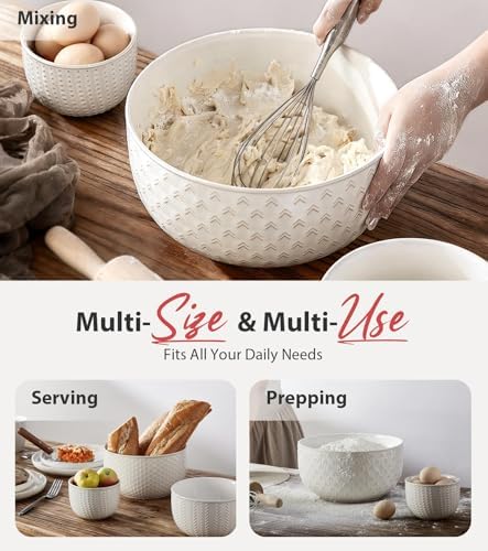 Lareina Ceramic Mixing Bowls Set of 4, Large Serving Bowls, Ivory White