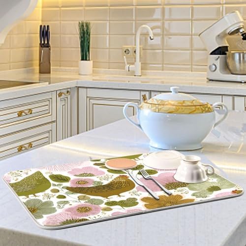 OTVEE Farm Chicken Floral Art Dish Drying Mat for Kitchen Counter