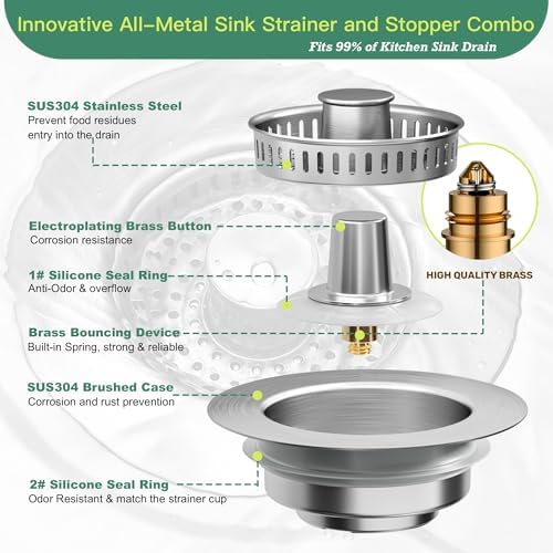 Sink Drain Strainer 3 in 1, 304 Stainless Steel Pop Up Sink Stopper