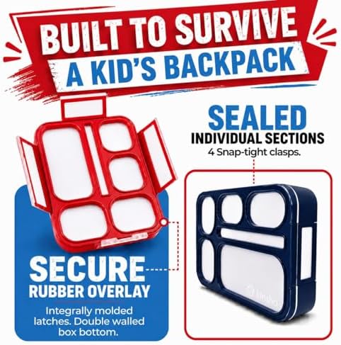 kinsho Bento Lunch Box Containers for Kids, Set of 2 (Red & Navy Blue)