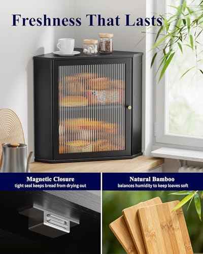 Kitsure Wooden Corner Bread Box for Kitchen Countertop, Large, Black