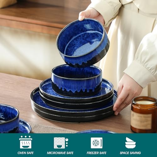 vancasso Starry Plates and Bowls Sets for 8, 24 Pieces Blue Dinnerware Sets for Kitchen, Modern Stoneware Dishes Set, Dishwasher and Microwave Safe