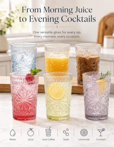 Drinking Glass Set of 6, 13oz Colored Glass Cup Glassware Set
