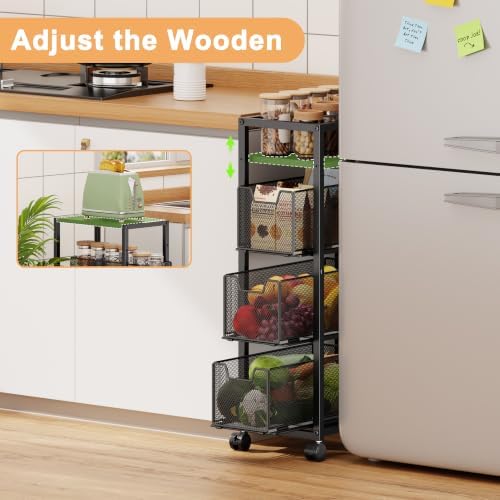 4 Tier Narrow Kitchen Rolling Cart, 9.1" Wide Slim Kitchen Storage
