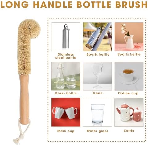 2PCS Coconut Brush Fiber Bottle Wooden Cleaning Brush, Scrub Head for