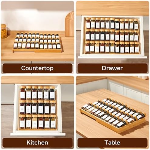 3-Tier Expandable Bamboo Spice Drawer Organizer, Adjustable Width 12"