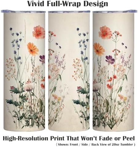 Firmiso Wildflower Tumbler 20oz, Floral Skinny Cup with Lid and Straw