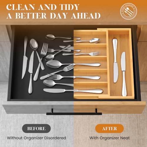 Bamboo Silverware Organizer, Expandable Bamboo Kitchen Drawer Cutlery Organizer, 18.5"x13.3" Flatware Organizer Tray, Utensil Holder