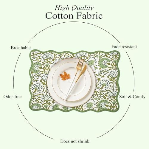 CPC Agate Green Block Print Reversible Scallop Placemat 14x20 Inch Set