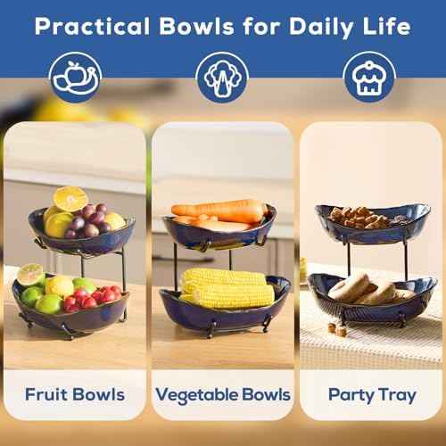 DUJUST 2 Tier Fruit Bowl, Kiln Altered Glaze Ceramic Fruit Stand, Stackable & Easy to Store, Multifunctional Serving Tray for Fruit/Vegetables/Snacks, Microwave & Dishwasher Safe - Dark Blue
