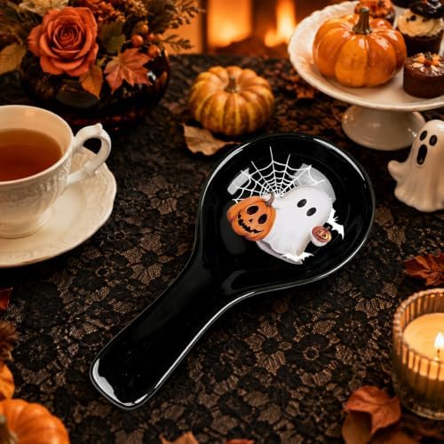Whaline 9.4 Inch Halloween Spoon Rest, Ghost Pumpkin, Black