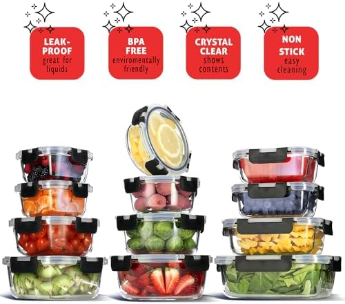 EATEX 48pc Glass Storage Containers with 24 Airtight Lids