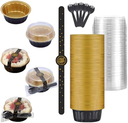 4 Inch Mini Round Dessert Pans with Lids, 100 Pack, Black & Gold