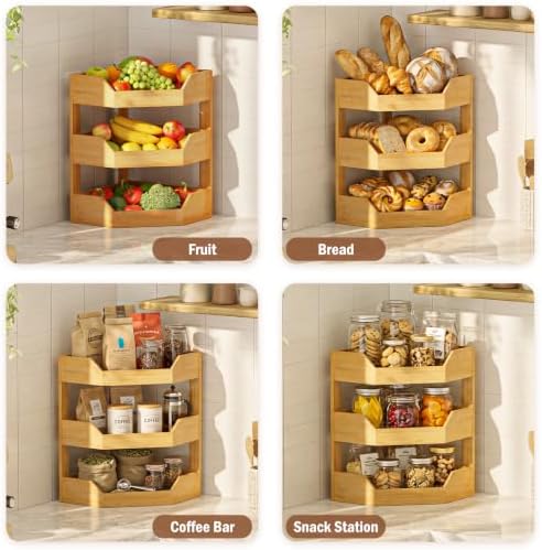 3 Tier Bamboo Corner Fruit Basket for Kitchen Counter, Large Fruit Holder