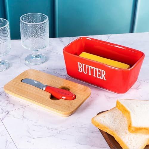 Red Butter Dish with Lid for Countertop, Large Ceramic Covered Butter