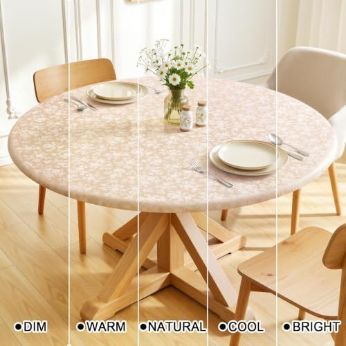 misaya Round Vinyl Fitted Tablecloth with Elastic Edge, Beige