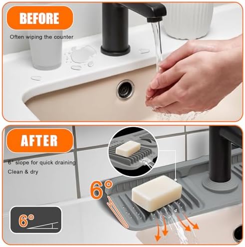 17.7" Silicone Faucet Mat for Kitchen Sink,7° Draining Mat with Snap
