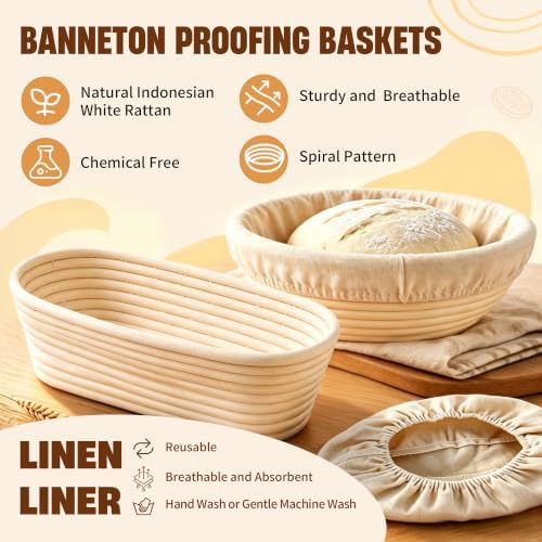 Sourdough Bread Baking Supplies, 2 Pack Banneton Baskets, 10 Inch