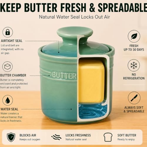 Ceramic French Butter Crock with Lid, Green