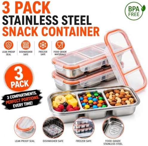 Stainless Steel Snack Containers with Lids, 3 Compartment Leakproof