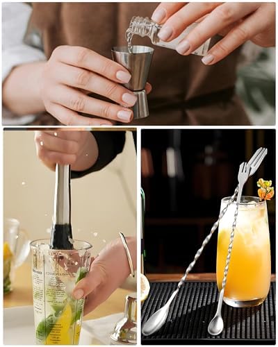 8”Stainless Steel Muddler, 10”Mixing Spoon & Jigger for Cocktails