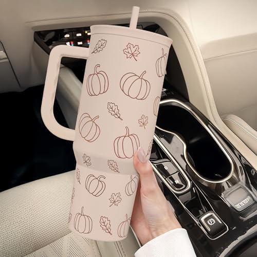 SANDJEST Pumpkin Tumbler with Handle and Straw 40oz – Stainless Sleel