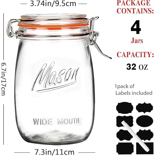 Anwoi 32 oz Wide Mouth Glass Storage Jars, 4 Pack