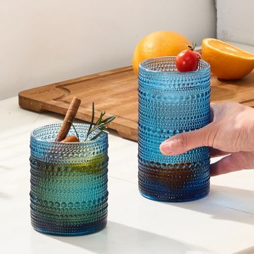Vintage Hobnail Drinking Glasses Set of 8, Blue 16 oz Highball Glasses