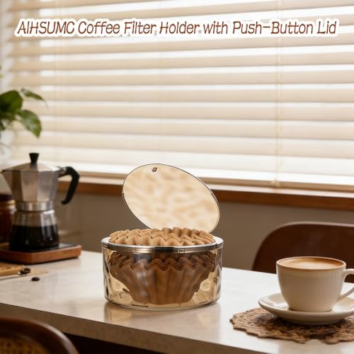 Coffee Filter Holder with Push-Button Lid, Gray Acrylic Filter Storage
