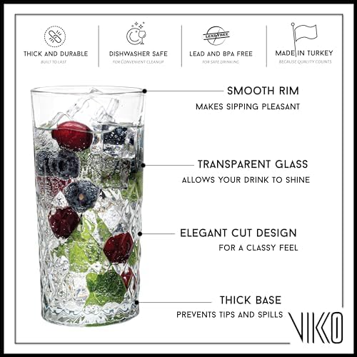 Vikko Drinking Glass, Set of 6 Crystal Style Tall Beverage Glasses