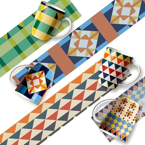 Bohemian Ceramic Coffee Mugs Set of 4, 15oz/450ml Geometric Pattern