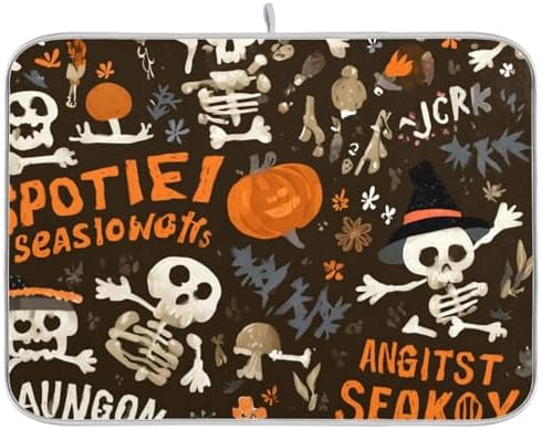 OTVEE Creepy Pumpkin Art Dish Drying Mat for Kitchen Counter Absorbent
