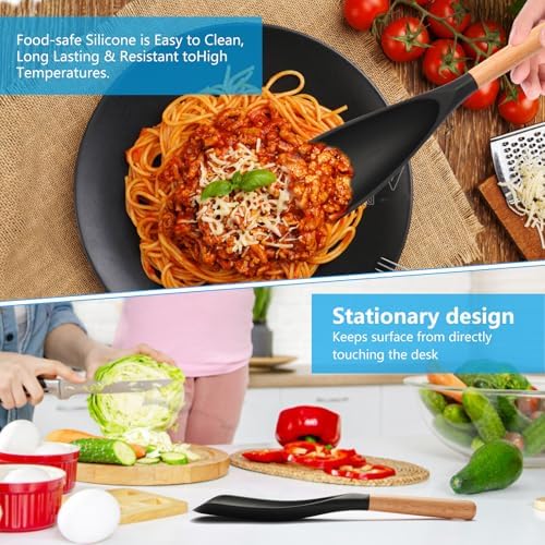 2 Pcs Wooden Handle Silicone Cooking Spoon Set for Nonstick Cookware