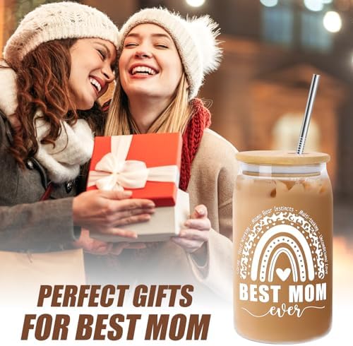 Gifts for Mom from Daughter Son, Can Glass Cups with Lids and Straws