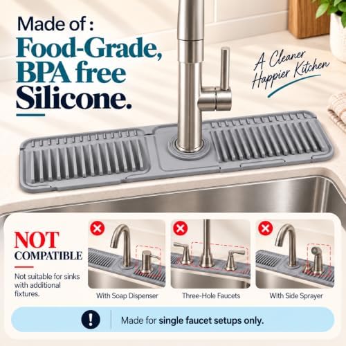 24 Inch Silicone Faucet Mat for Kitchen Sink, 7° Self-Draining Splash