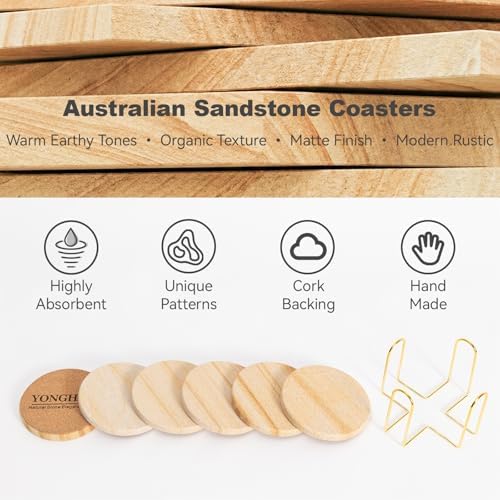 Absorbent Sandstone Drink Coasters Set of 6 with Holder, 4" Round
