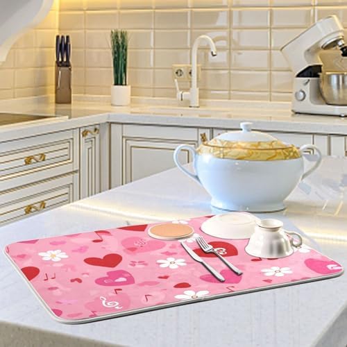 OTVEE Pink Melody Pattern Dish Drying Mat for Kitchen Counter
