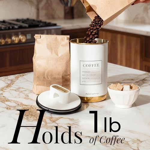 STYLED SETTINGS Vacuum Coffee Canister with Airtight Lid, White and