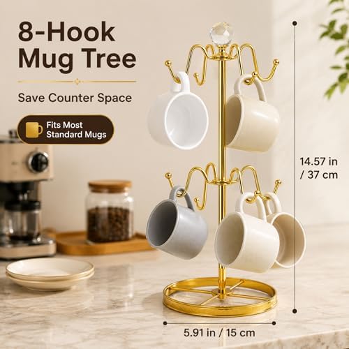 Mug Tree Coffee Cup Holder for Counter Top 8 Hooks(Gold)