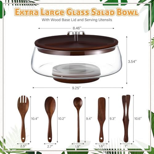 Hushee Large Glass Salad Bowl Set, Party Salad Bowl with Wood Base and