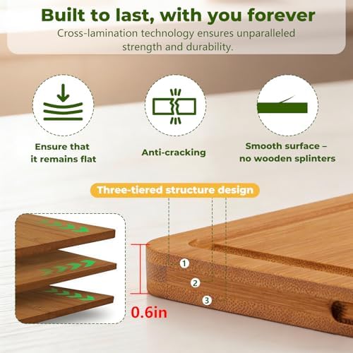 3Pack Bamboo Cutting Board, Wood Cutting Boards Set of 3 for Kitchen