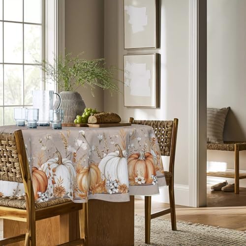 Horaldaily Fall Tablecloth 70 x 70 Inch Round White Orange Pumpkin